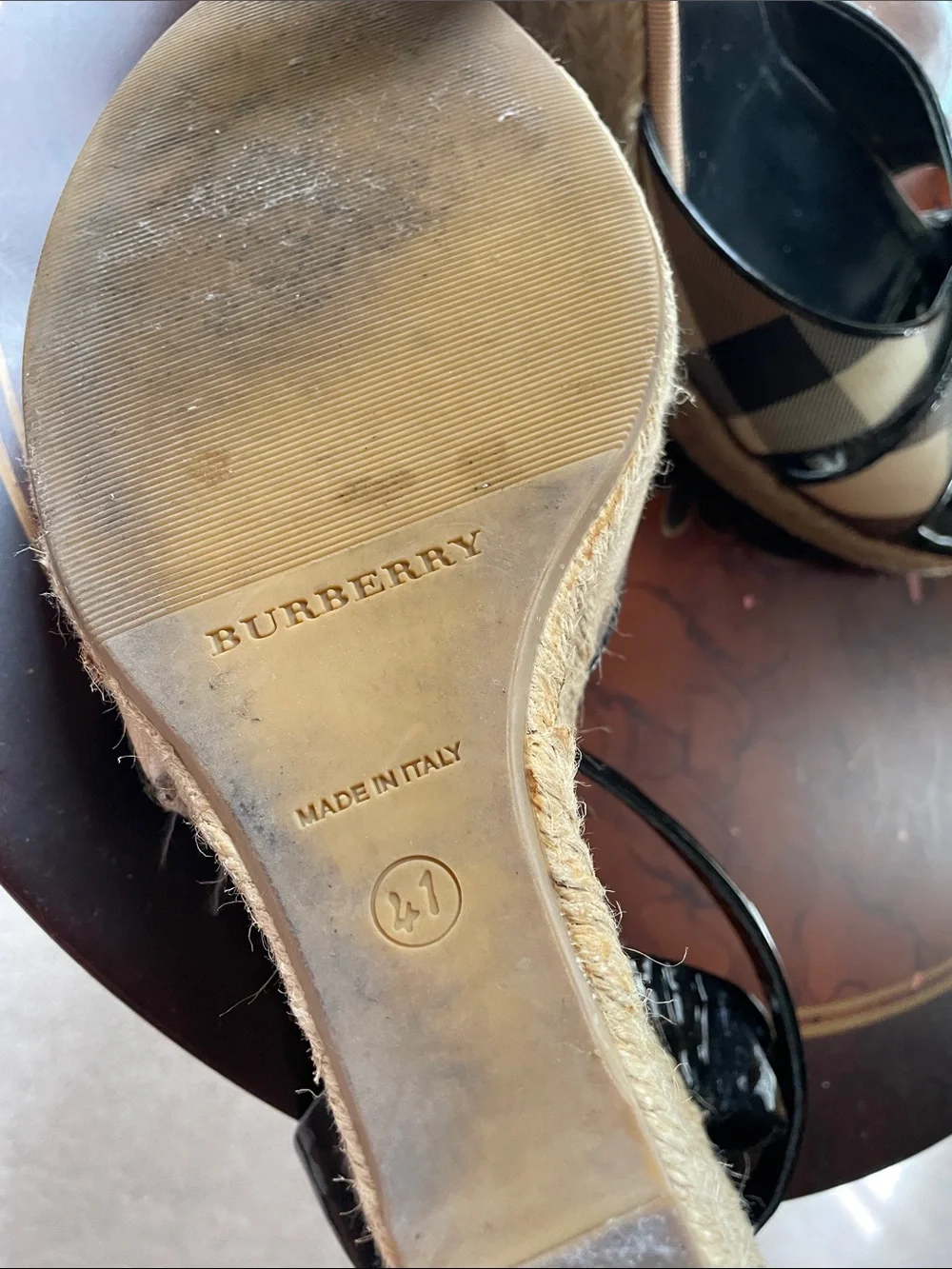 Burberry Beige & Black Check Espadrille Wedge Sandals